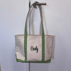 L.L. Bean Boat And Tote Canvas Bag Green Trim "Carly" Embroidered USA